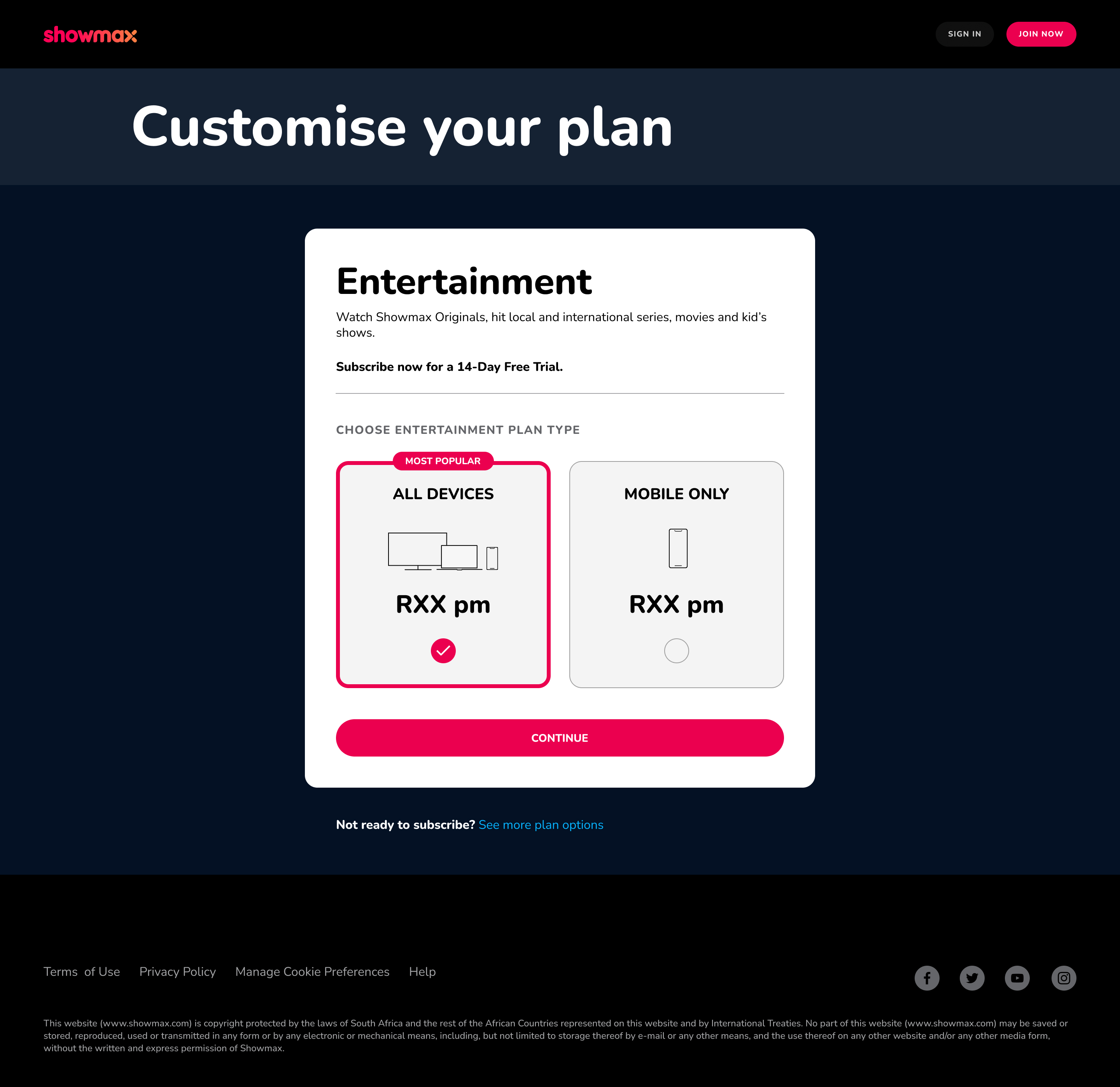 Showmax mobile-only plan builder, designed for Kenyan and South African markets