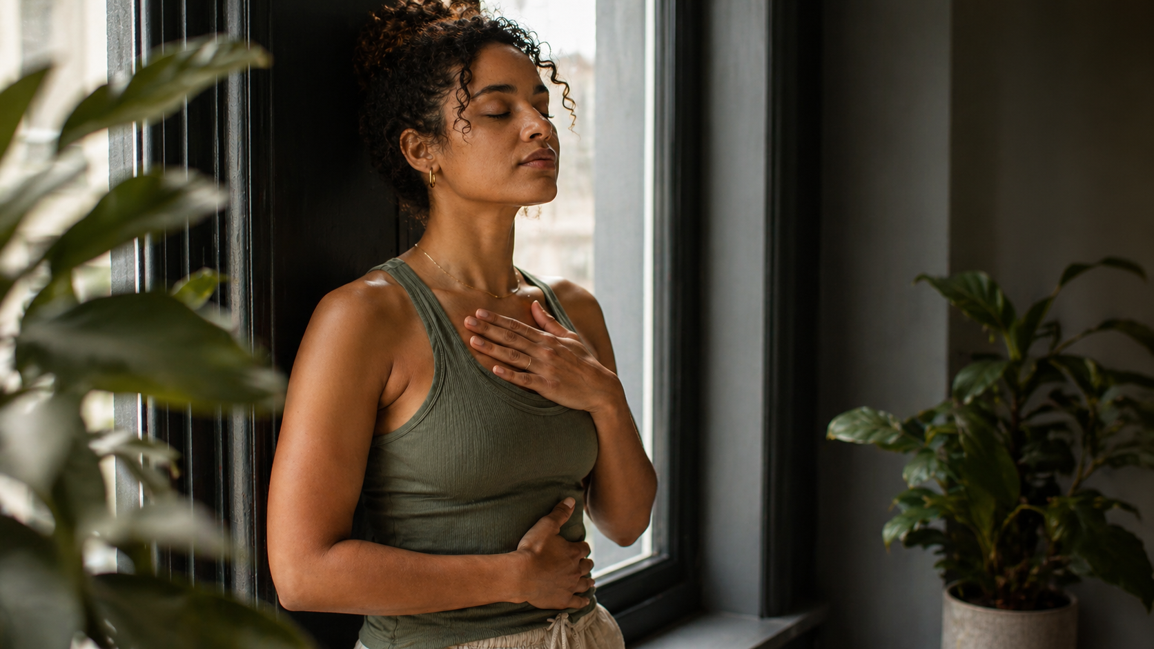 A woman practising breathwork by a window
