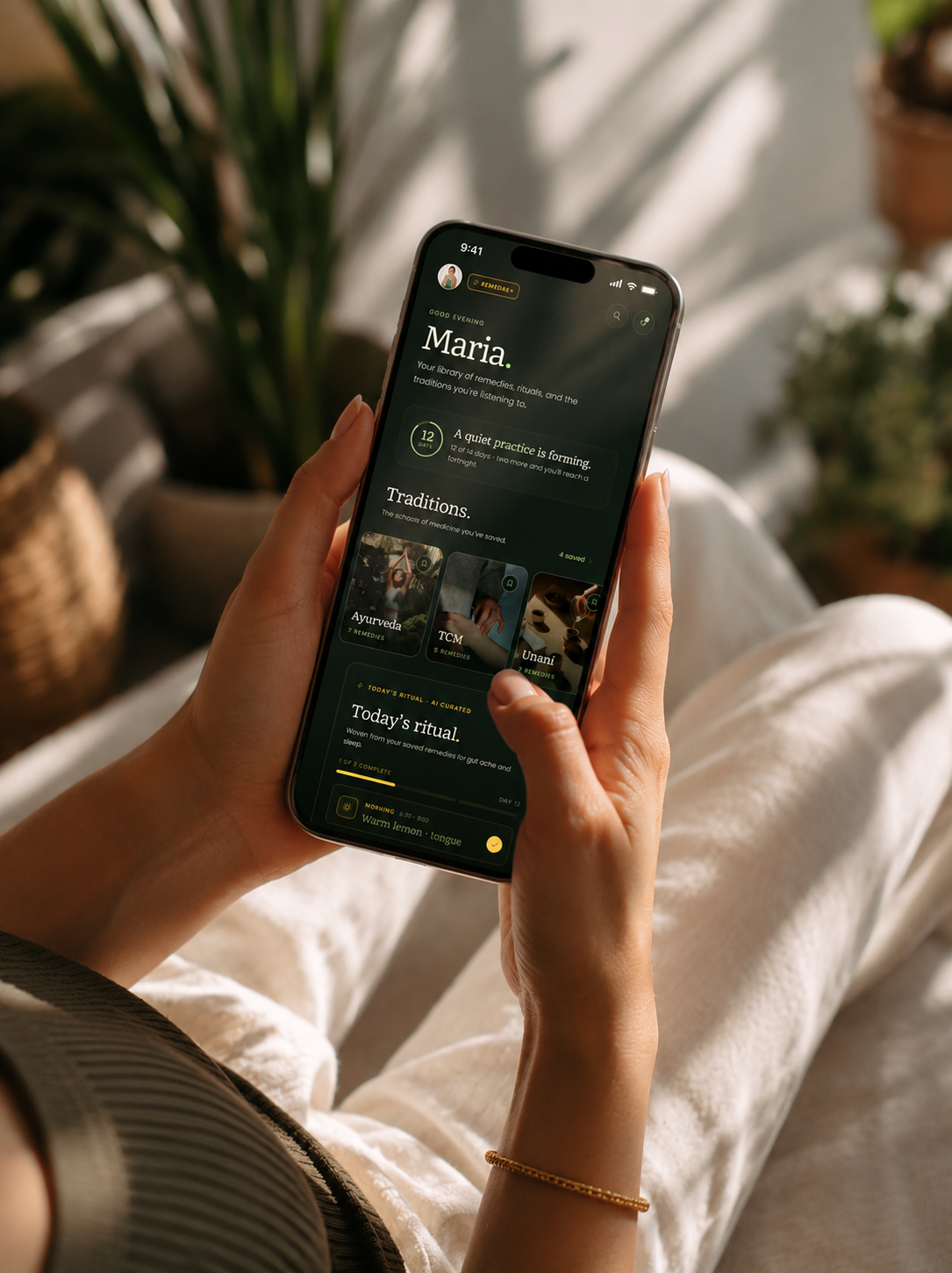 Remedae mobile personal hub, with saved traditions, conditions and remedies, and a daily ritual programmed for the reader