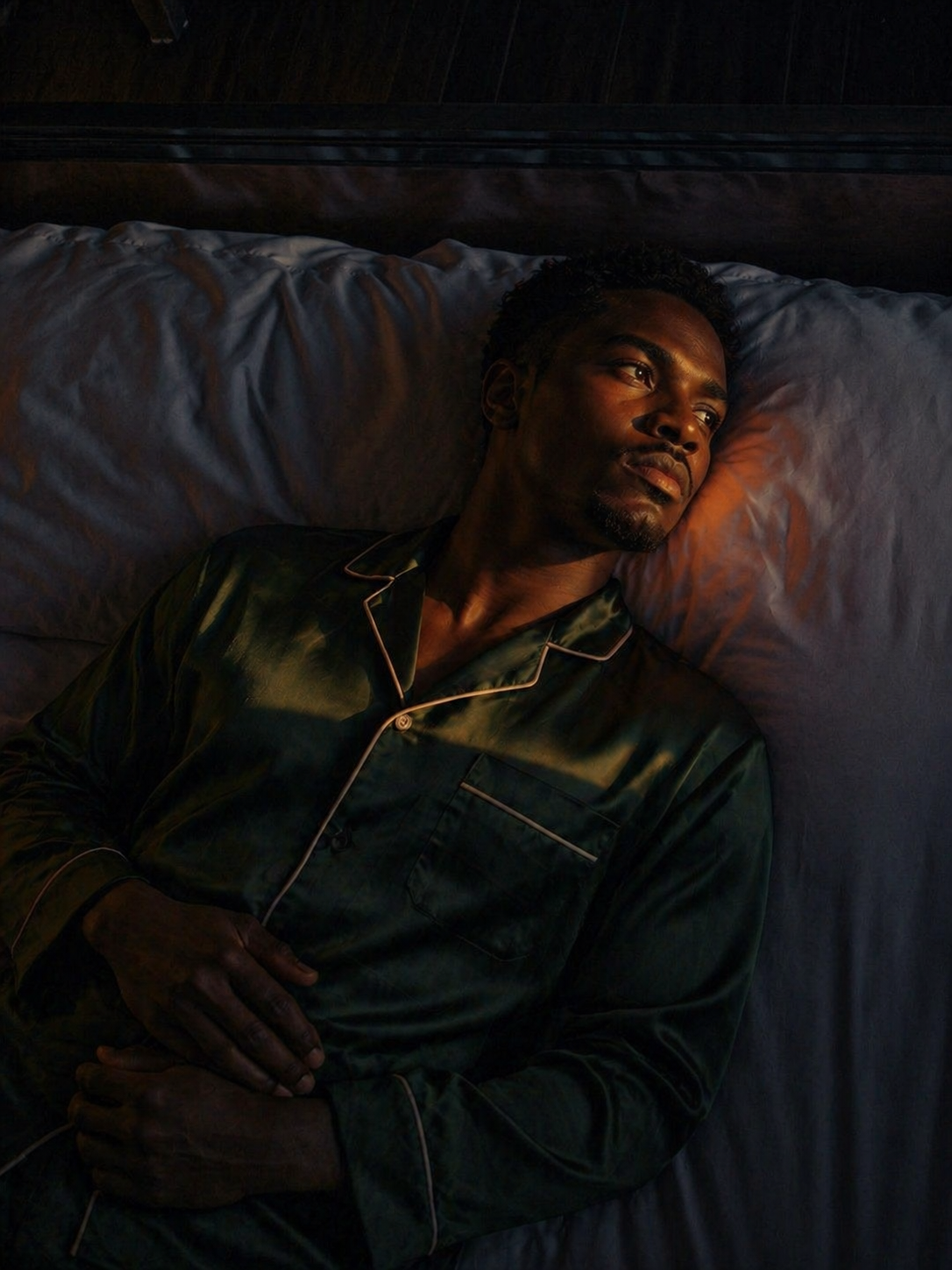 A man asleep, lit only by night