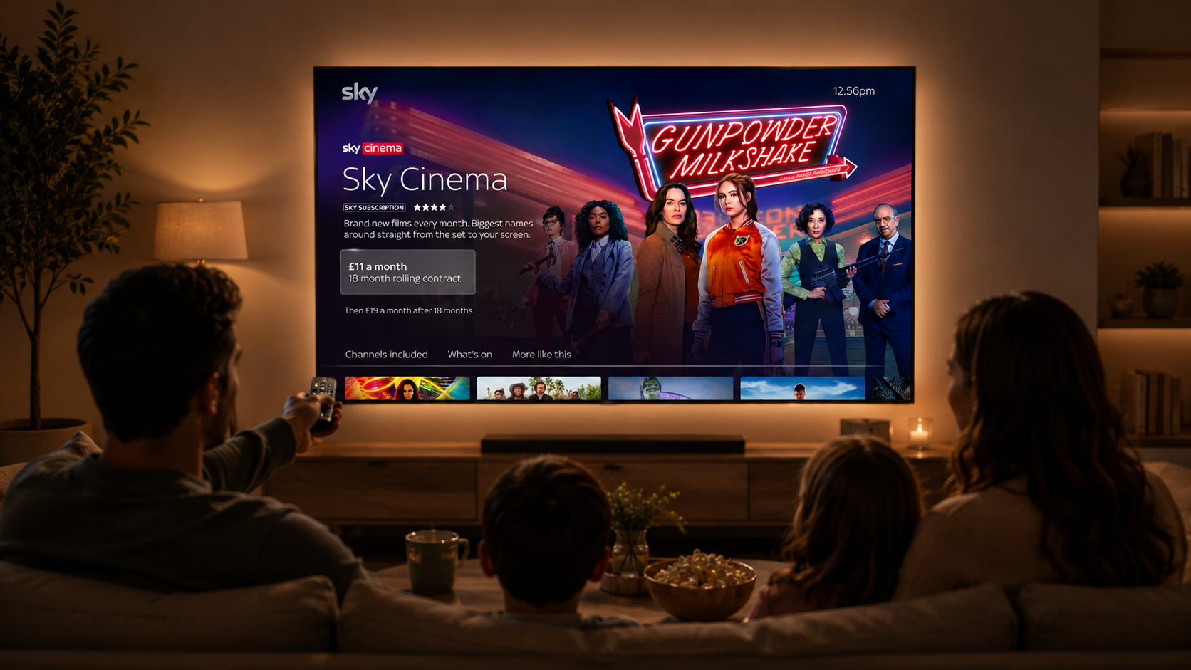 A family watching Sky Cinema on a TV in a warm living room