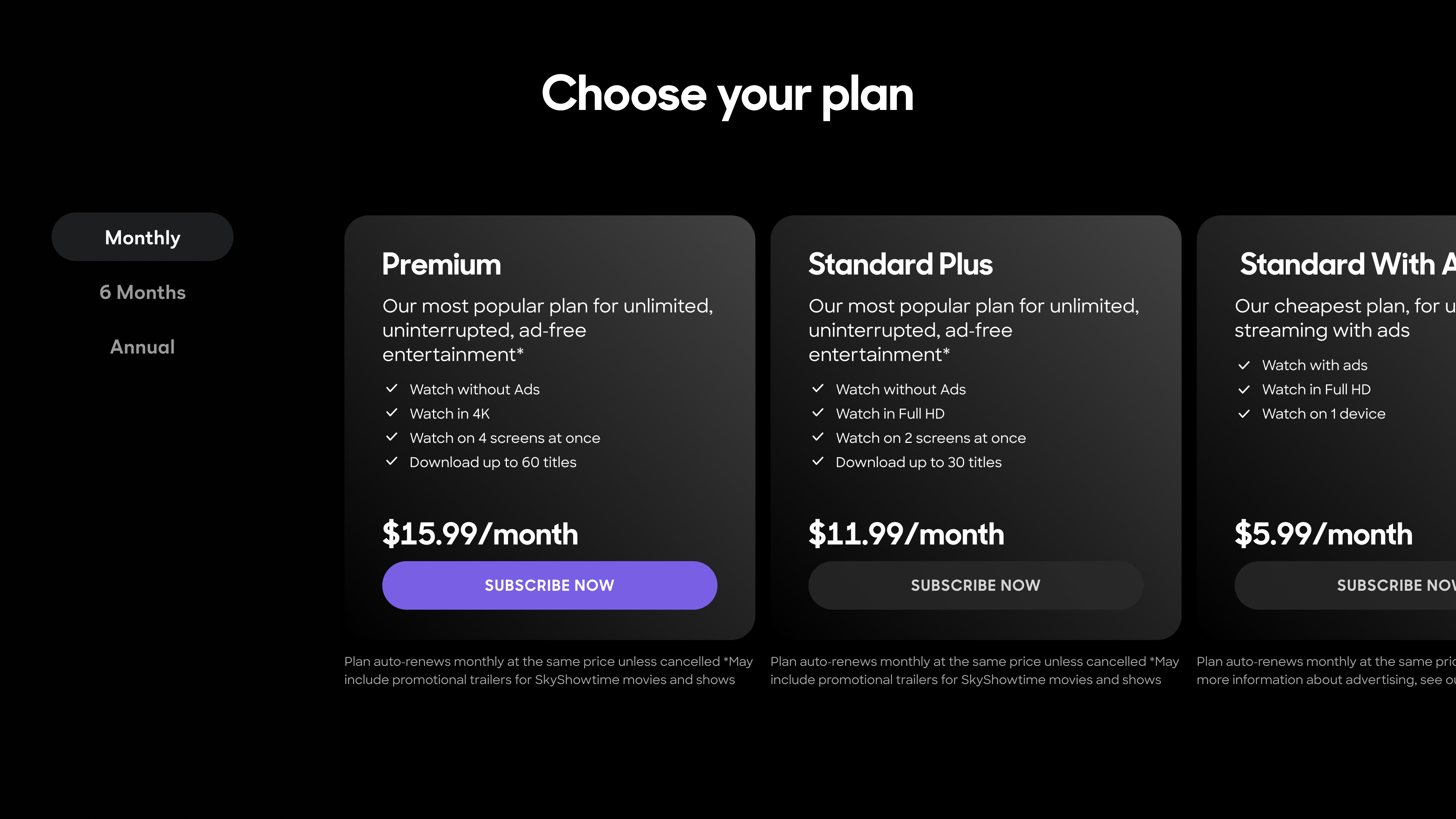 Showtime plan picker
