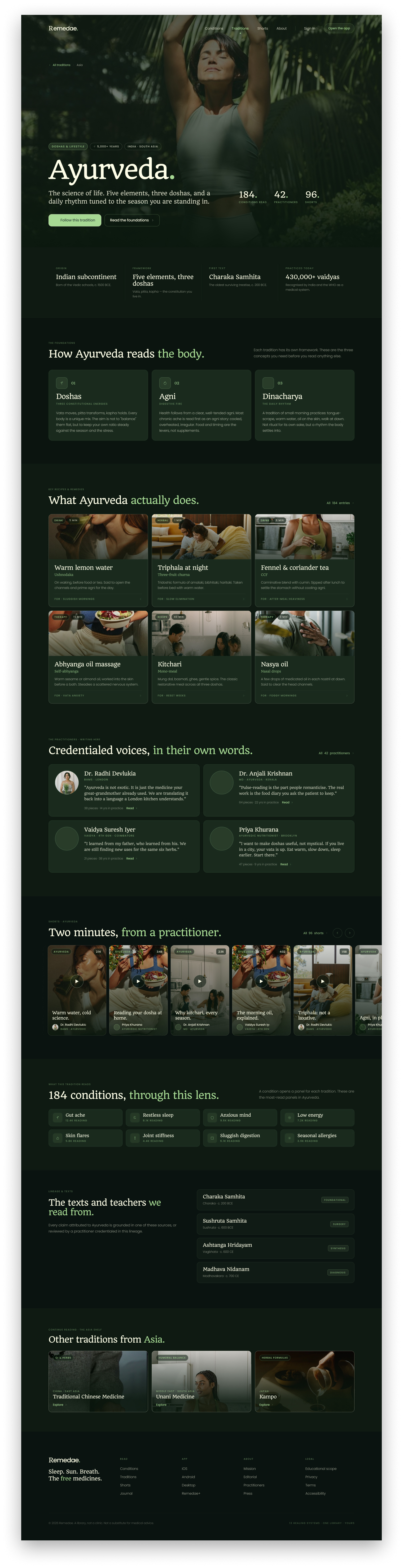 Remedae Ayurveda tradition page with deep editorial layout