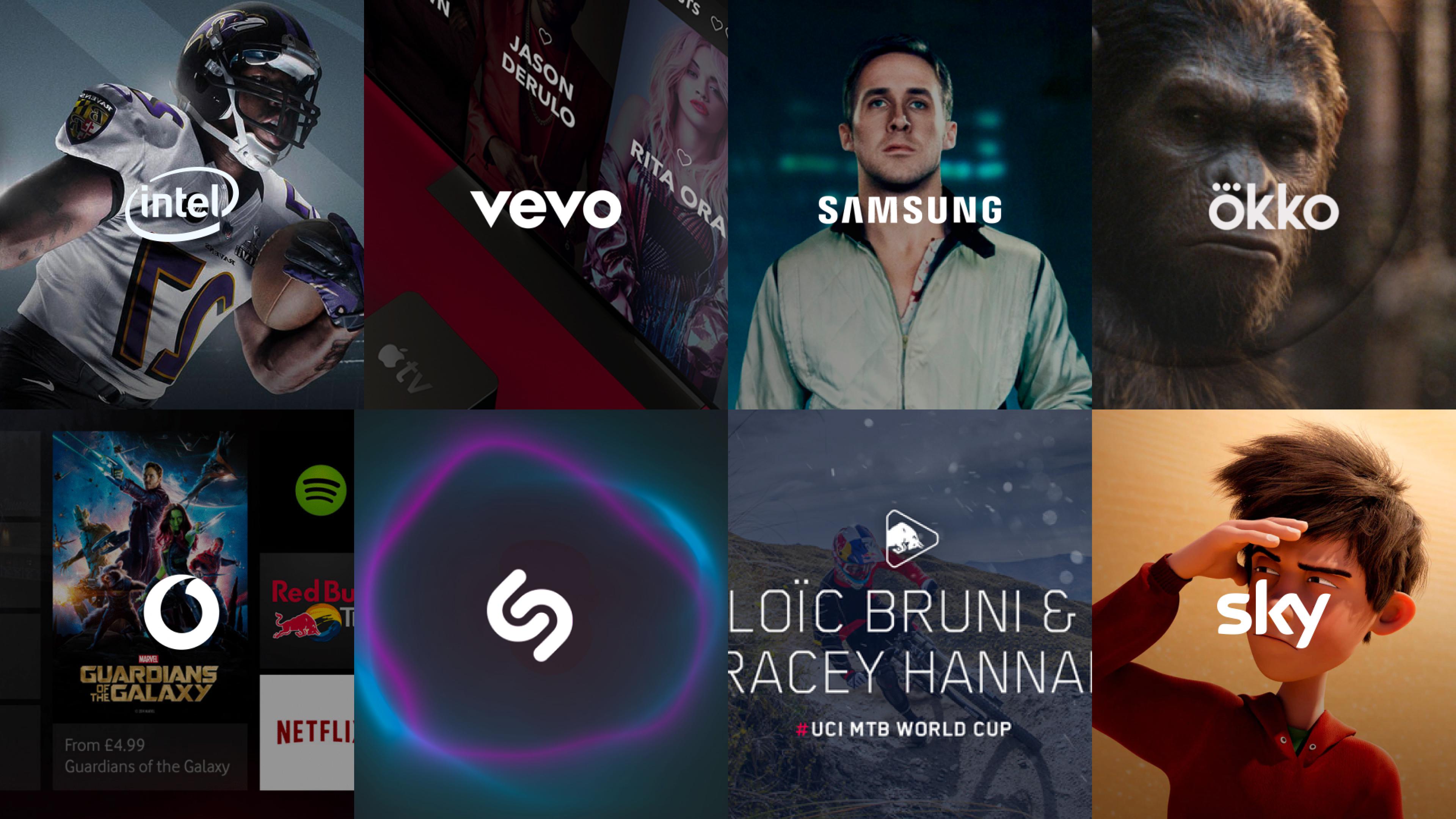 A mosaic of brand work across Sky, Vevo, Samsung, Shazam, Vodafone, Red Bull, Intel and more